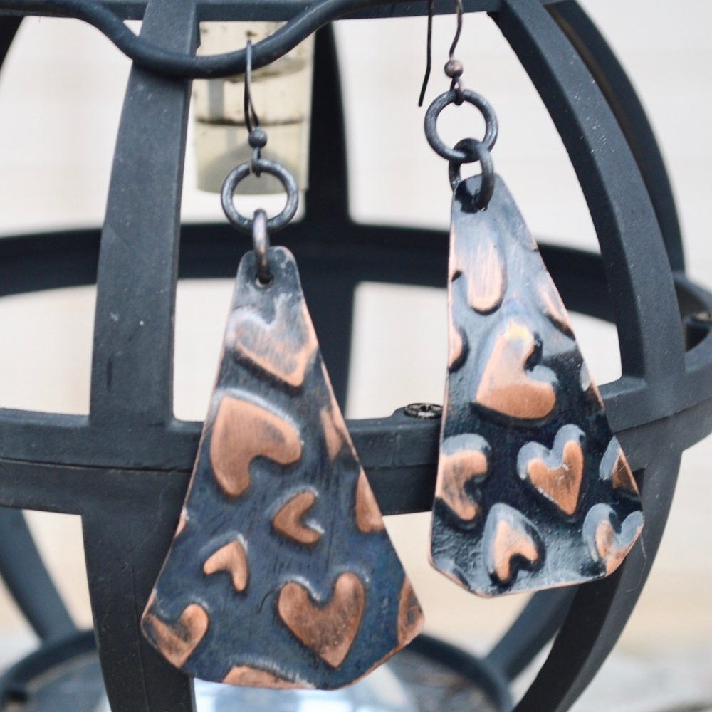 Heart Hearts Solid Copper Embossed Patina Earrings Raw Rustic Gift Boho Handmade